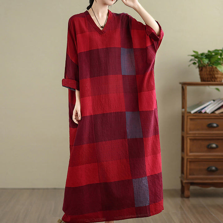 Buddha Stones Damen-Maxikleid aus Baumwolle und Leinen mit gespleißtem Karomuster und Taschen - image 13