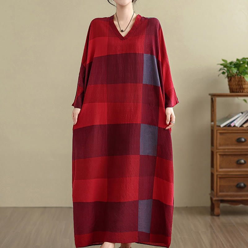 Buddha Stones Damen-Maxikleid aus Baumwolle und Leinen mit gespleißtem Karomuster und Taschen - image 8