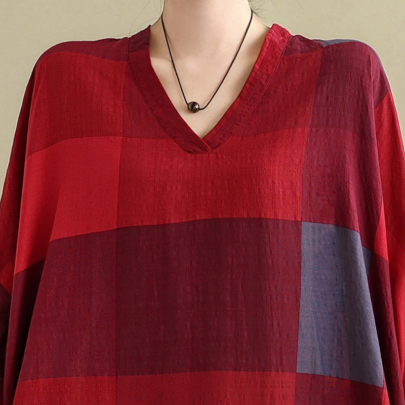 Buddha Stones Damen-Maxikleid aus Baumwolle und Leinen mit gespleißtem Karomuster und Taschen - image 15