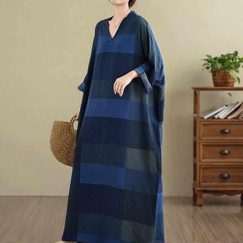 Buddha Stones Damen-Maxikleid aus Baumwolle und Leinen mit gespleißtem Karomuster und Taschen - image 21