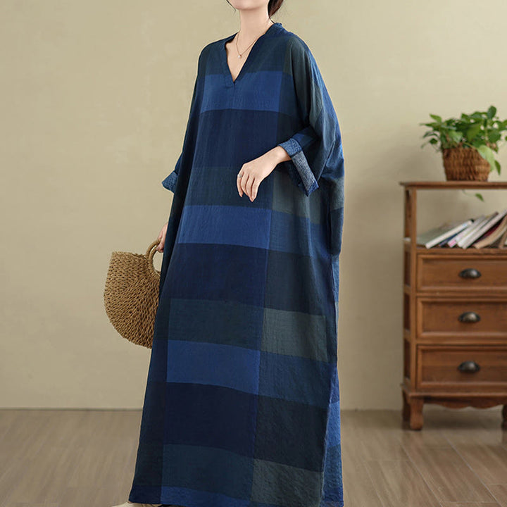 Buddha Stones Damen-Maxikleid aus Baumwolle und Leinen mit gespleißtem Karomuster und Taschen - image 21