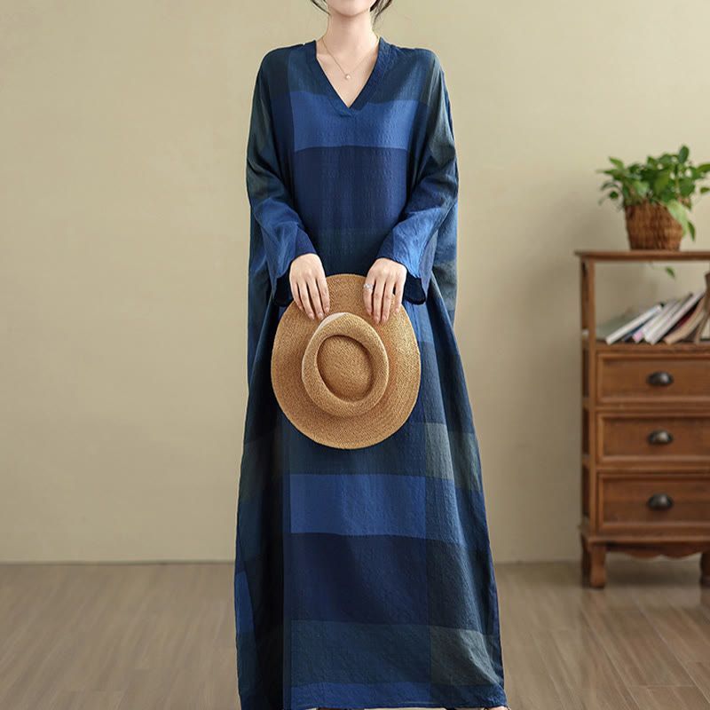 Buddha Stones Damen-Maxikleid aus Baumwolle und Leinen mit gespleißtem Karomuster und Taschen - Mitternachtsblau - US4-12， UK/AU8-16，EU36-44 (F) - image 17