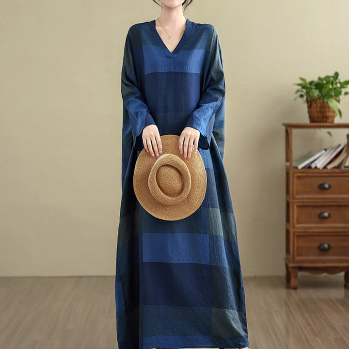 Buddha Stones Damen-Maxikleid aus Baumwolle und Leinen mit gespleißtem Karomuster und Taschen - Mitternachtsblau - US4-12， UK/AU8-16，EU36-44 (F) - image 17