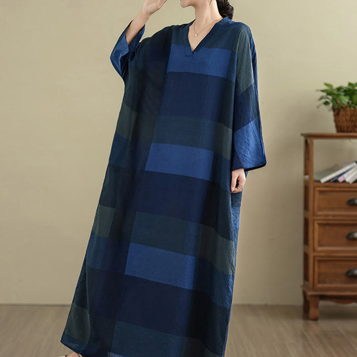 Buddha Stones Damen-Maxikleid aus Baumwolle und Leinen mit gespleißtem Karomuster und Taschen - image 20