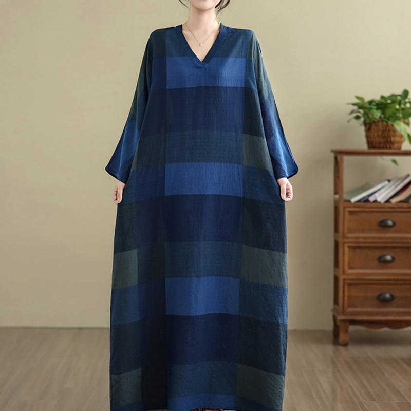 Buddha Stones Damen-Maxikleid aus Baumwolle und Leinen mit gespleißtem Karomuster und Taschen - image 19