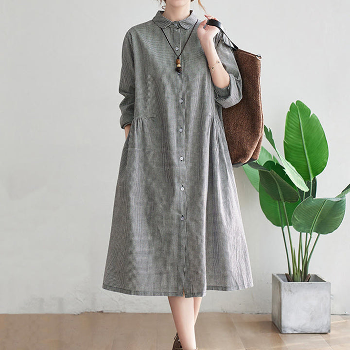 Buddha Stones Damen-Midikleid aus Baumwolle und Leinen mit kleinem Gittermuster und Taschen - image 9