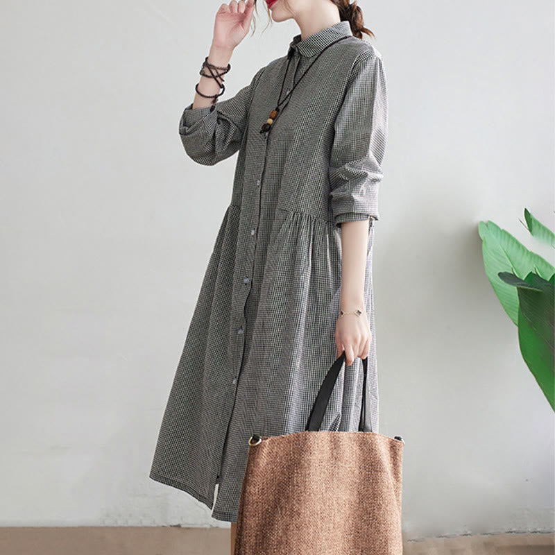 Buddha Stones Damen-Midikleid aus Baumwolle und Leinen mit kleinem Gittermuster und Taschen - image 13