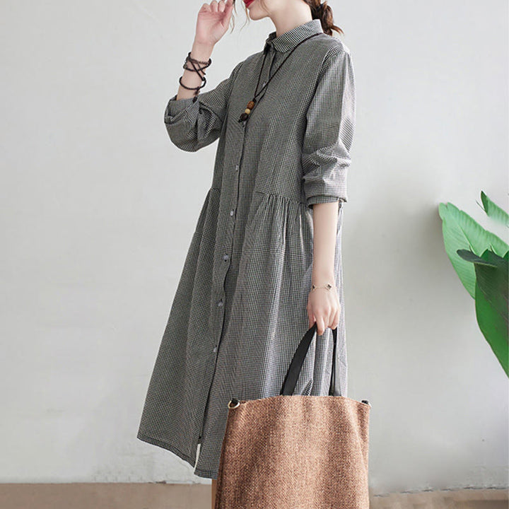 Buddha Stones Damen-Midikleid aus Baumwolle und Leinen mit kleinem Gittermuster und Taschen - image 13