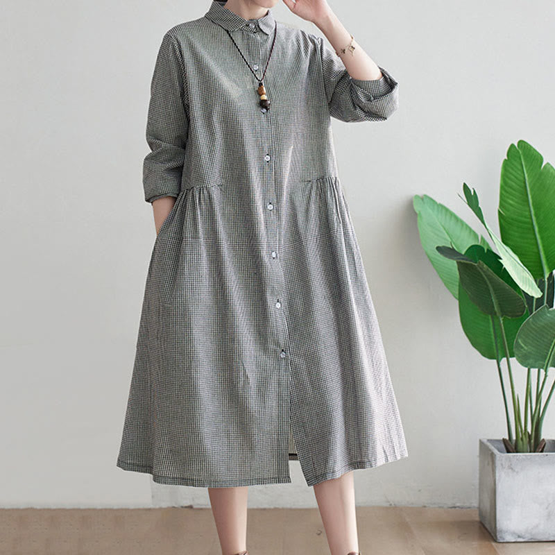 Buddha Stones Damen-Midikleid aus Baumwolle und Leinen mit kleinem Gittermuster und Taschen - image 7