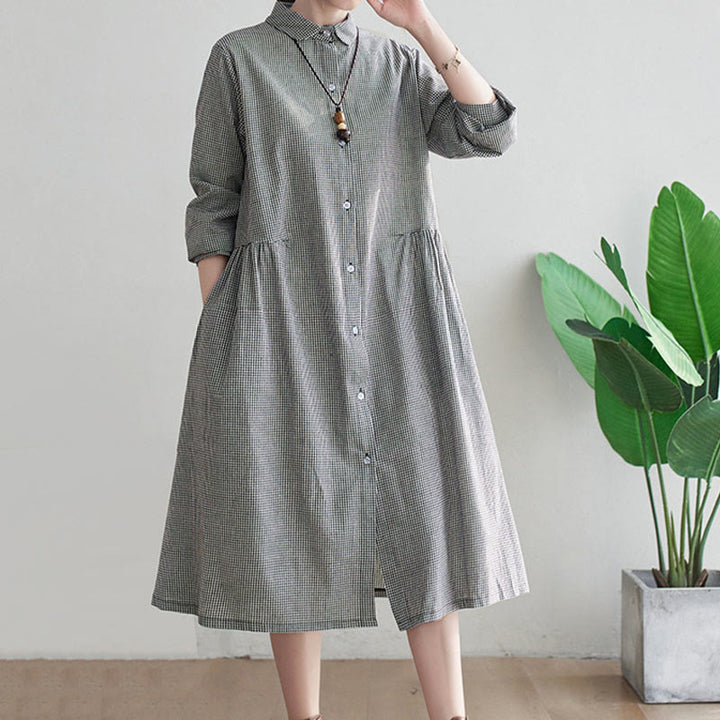 Buddha Stones Damen-Midikleid aus Baumwolle und Leinen mit kleinem Gittermuster und Taschen - image 7