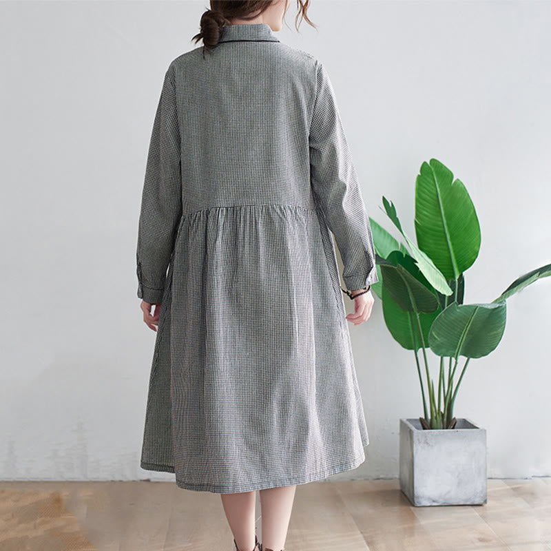 Buddha Stones Damen-Midikleid aus Baumwolle und Leinen mit kleinem Gittermuster und Taschen - image 6