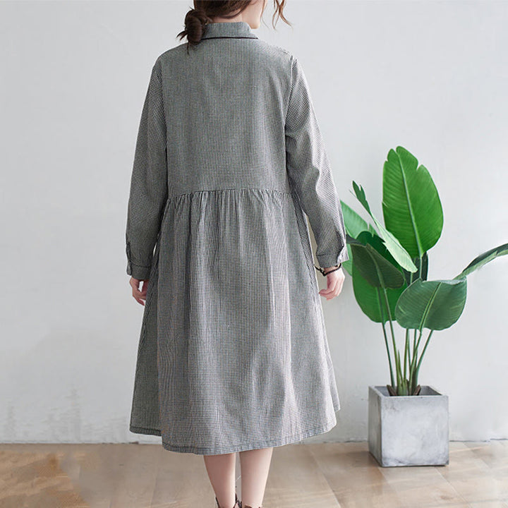 Buddha Stones Damen-Midikleid aus Baumwolle und Leinen mit kleinem Gittermuster und Taschen - image 6