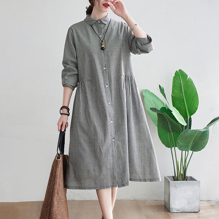 Buddha Stones Damen-Midikleid aus Baumwolle und Leinen mit kleinem Gittermuster und Taschen - image 11