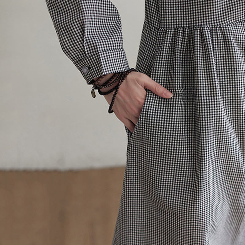 Buddha Stones Damen-Midikleid aus Baumwolle und Leinen mit kleinem Gittermuster und Taschen - image 15