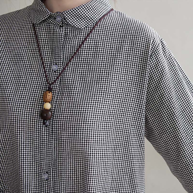 Buddha Stones Damen-Midikleid aus Baumwolle und Leinen mit kleinem Gittermuster und Taschen - image 14