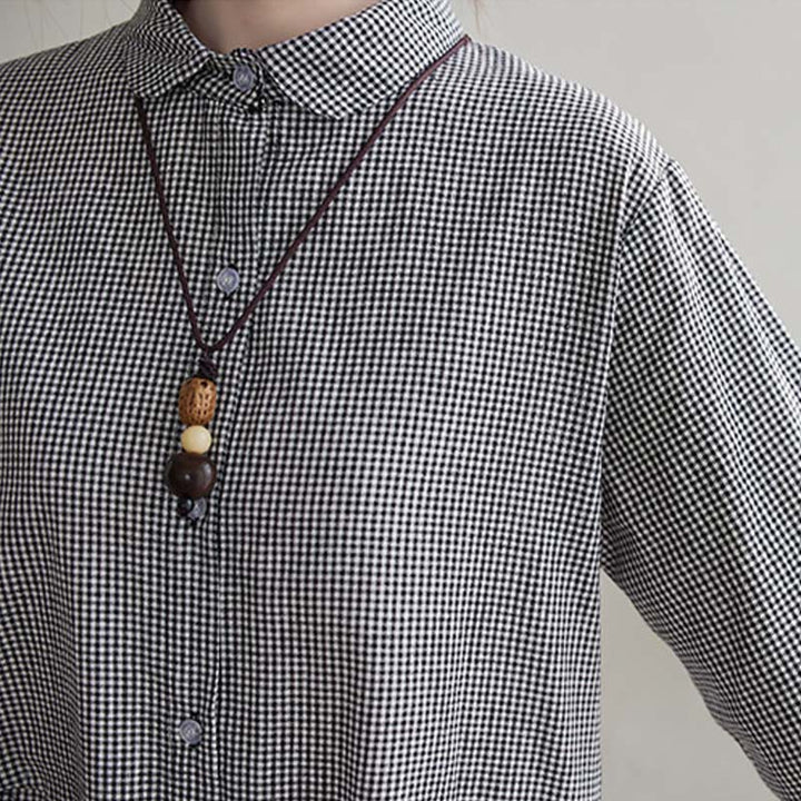 Buddha Stones Damen-Midikleid aus Baumwolle und Leinen mit kleinem Gittermuster und Taschen - image 14