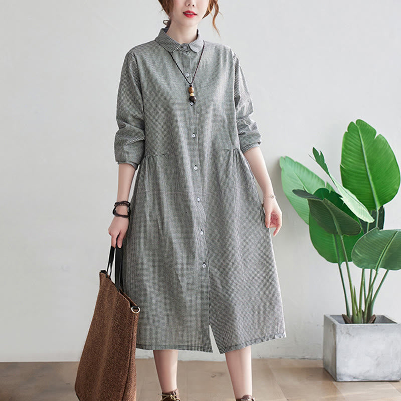 Buddha Stones Damen-Midikleid aus Baumwolle und Leinen mit kleinem Gittermuster und Taschen - image 10