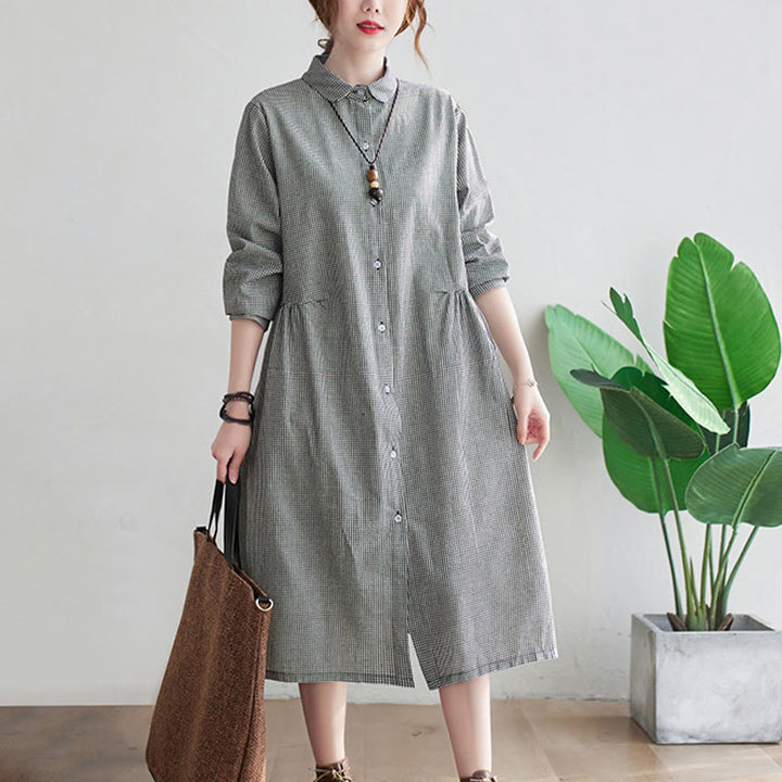 Buddha Stones Damen-Midikleid aus Baumwolle und Leinen mit kleinem Gittermuster und Taschen - image 10