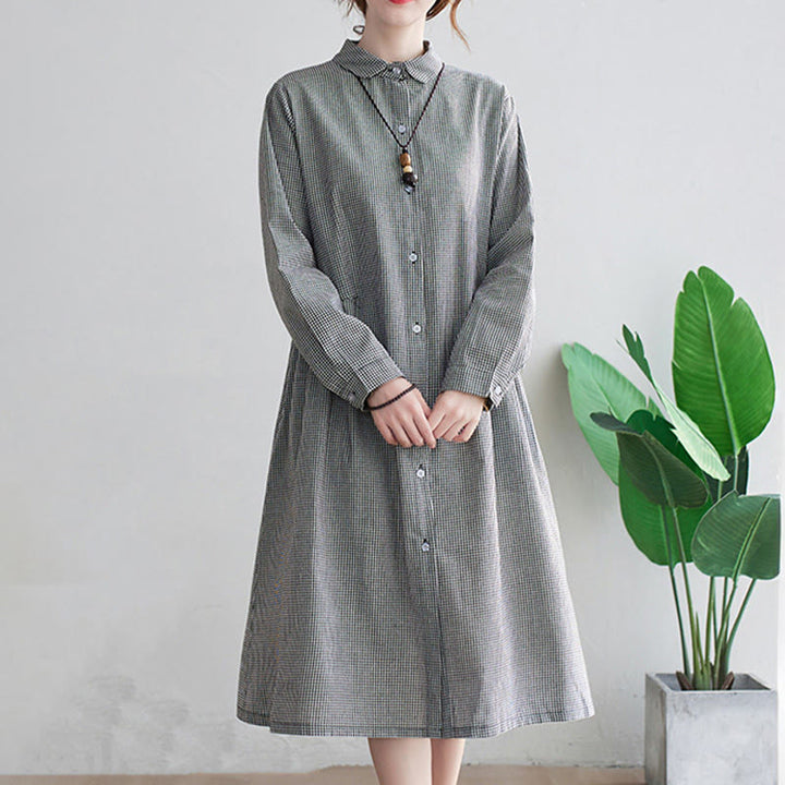Buddha Stones Damen-Midikleid aus Baumwolle und Leinen mit kleinem Gittermuster und Taschen - image 12