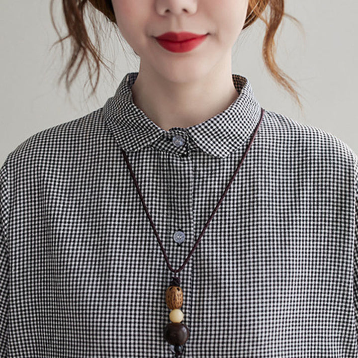 Buddha Stones Damen-Midikleid aus Baumwolle und Leinen mit kleinem Gittermuster und Taschen - image 18