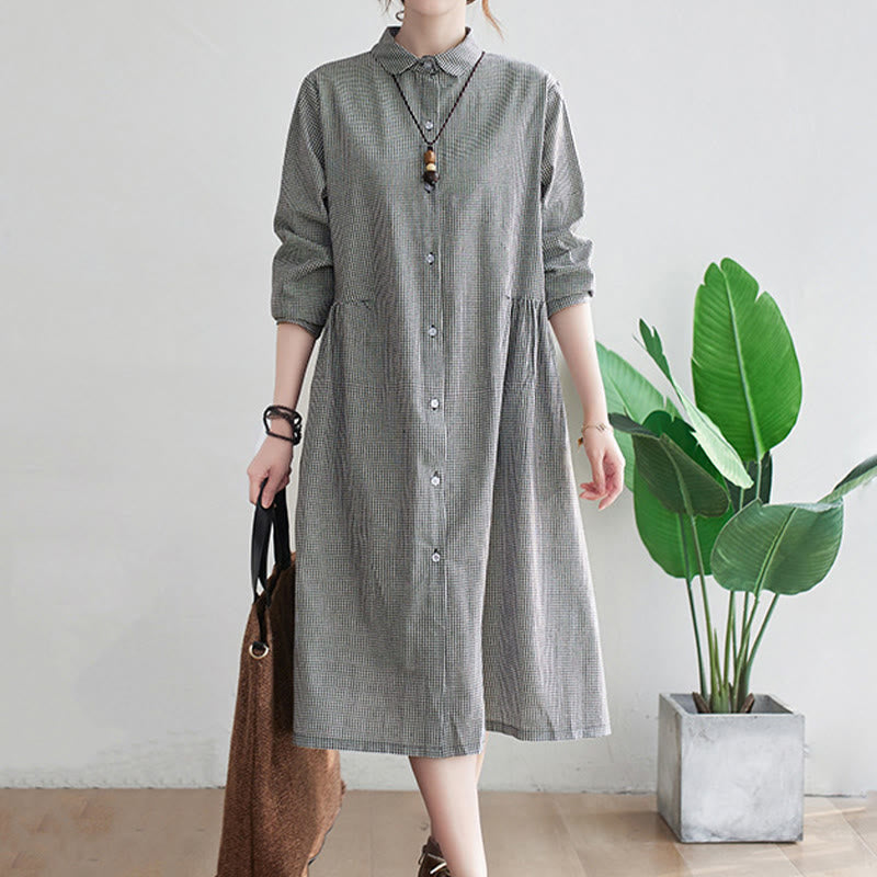 Buddha Stones Damen-Midikleid aus Baumwolle und Leinen mit kleinem Gittermuster und Taschen - image 8