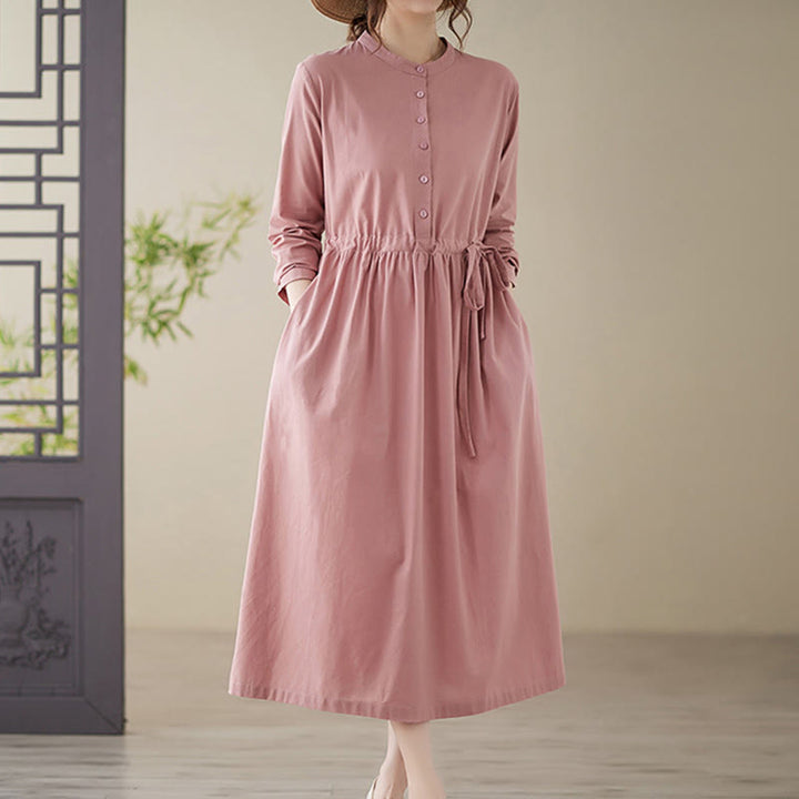 Buddha Stones – Lässiges, schlichtes Midikleid aus Baumwolle und Leinen mit Rundhalsausschnitt und Schnürung und Taschen - Rosa - US8-10， UK/AU12-14，EU40-42 (2XL) - image 12