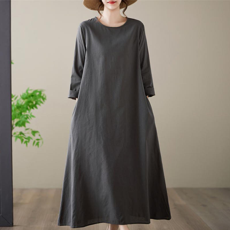 Buddha Stones – Lässiges, schlichtes Midikleid aus Baumwolle und Leinen mit Rundhalsausschnitt und Taschen - Dunkelgrau - US14， UK/AU18，EU46 (3XL) - image 1