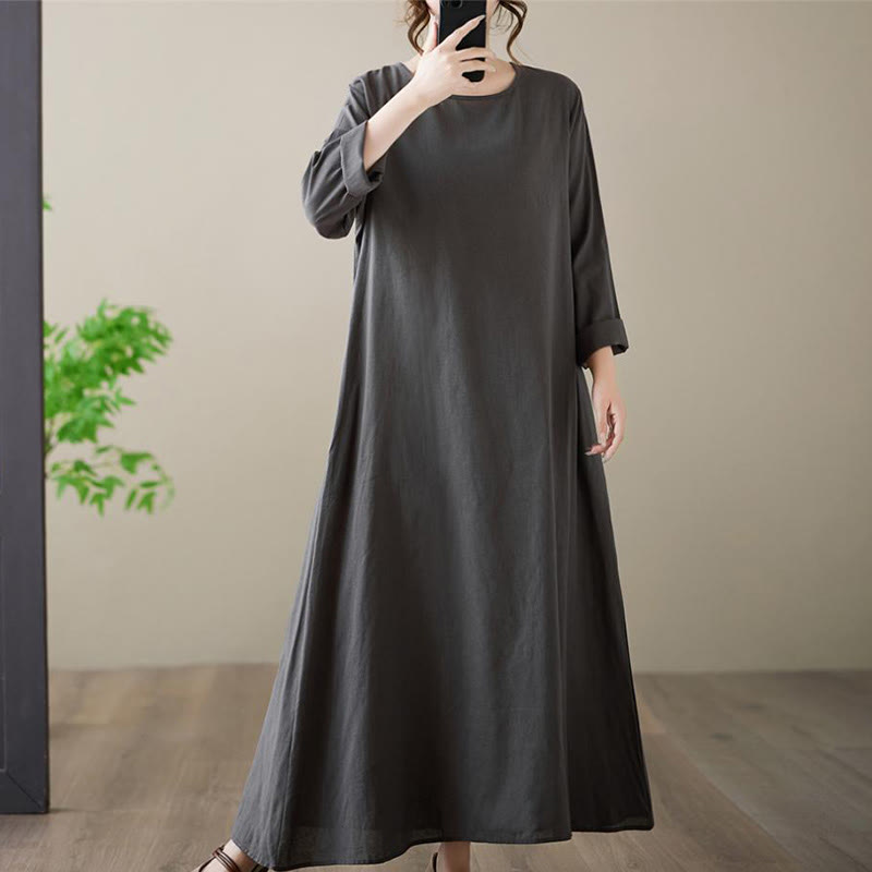 Buddha Stones – Lässiges, schlichtes Midikleid aus Baumwolle und Leinen mit Rundhalsausschnitt und Taschen - image 5
