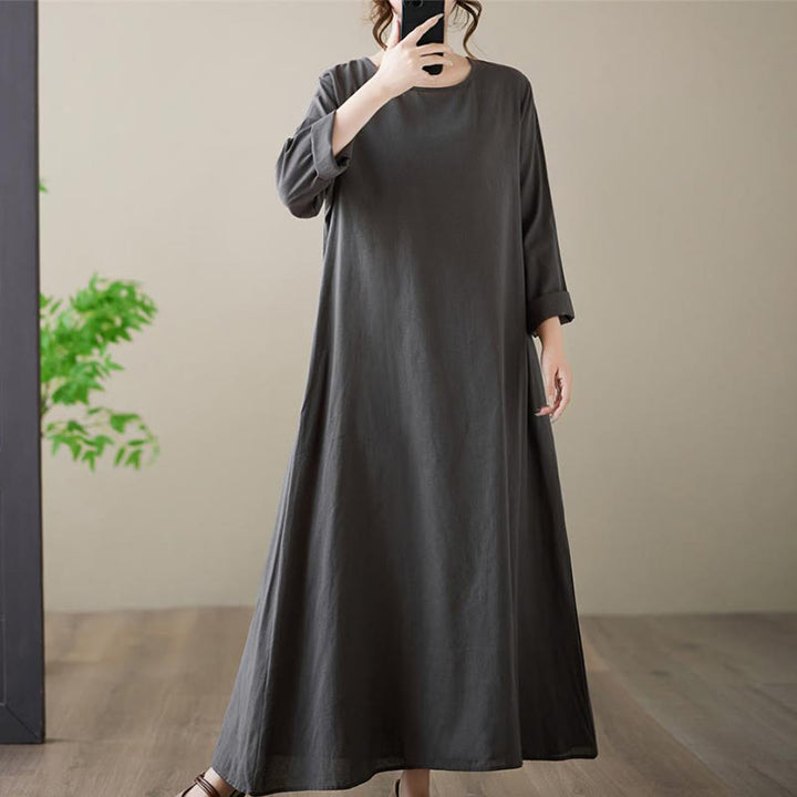 Buddha Stones – Lässiges, schlichtes Midikleid aus Baumwolle und Leinen mit Rundhalsausschnitt und Taschen - image 5