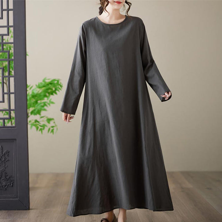 Buddha Stones – Lässiges, schlichtes Midikleid aus Baumwolle und Leinen mit Rundhalsausschnitt und Taschen - image 3