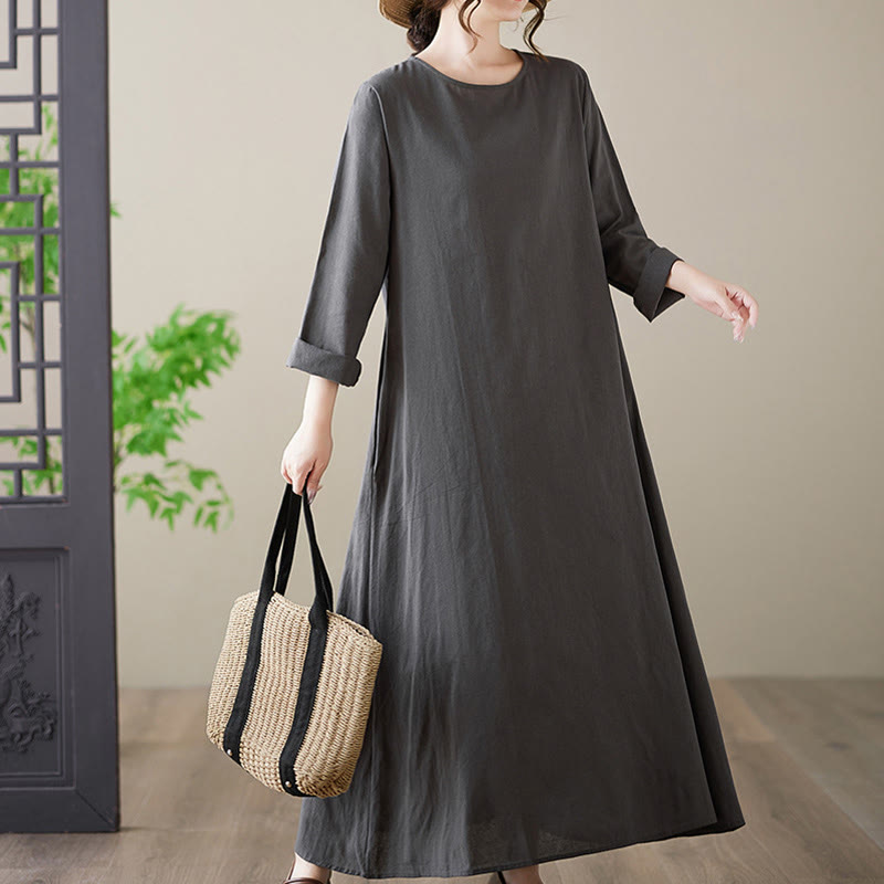 Buddha Stones – Lässiges, schlichtes Midikleid aus Baumwolle und Leinen mit Rundhalsausschnitt und Taschen - image 6