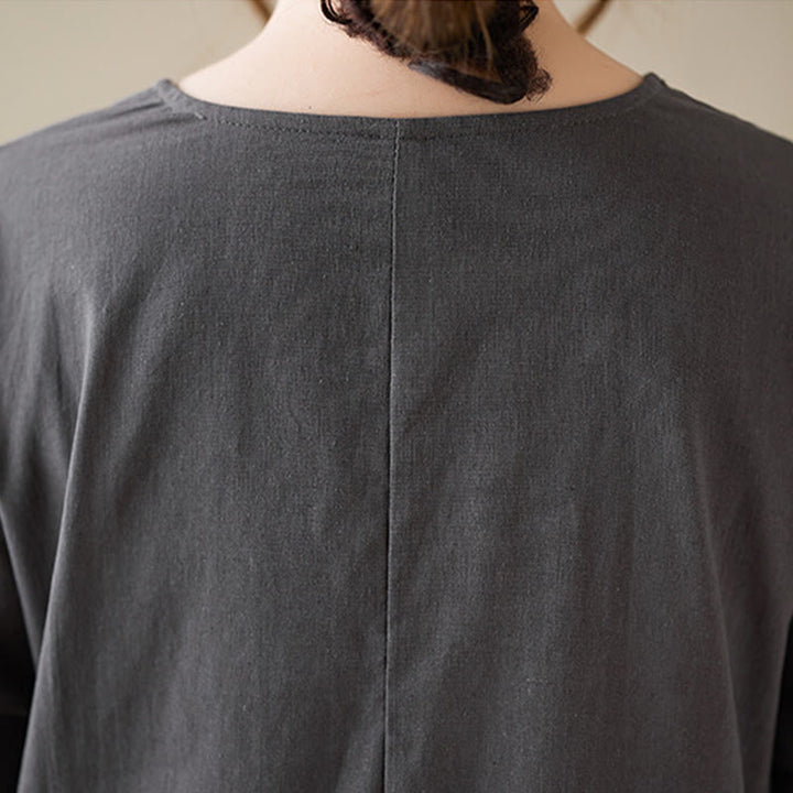 Buddha Stones – Lässiges, schlichtes Midikleid aus Baumwolle und Leinen mit Rundhalsausschnitt und Taschen - image 11