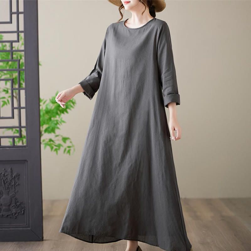 Buddha Stones – Lässiges, schlichtes Midikleid aus Baumwolle und Leinen mit Rundhalsausschnitt und Taschen - image 4