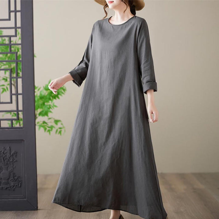 Buddha Stones – Lässiges, schlichtes Midikleid aus Baumwolle und Leinen mit Rundhalsausschnitt und Taschen - image 4