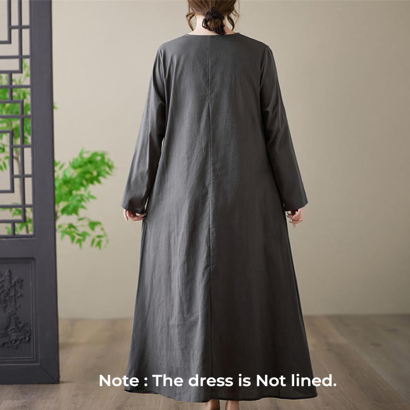Buddha Stones – Lässiges, schlichtes Midikleid aus Baumwolle und Leinen mit Rundhalsausschnitt und Taschen - image 2