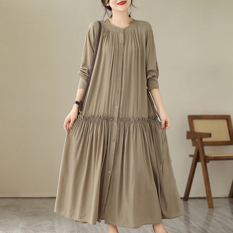 Buddha Stones – Lässiges, schlichtes Midikleid aus Polyester mit Rundhalsausschnitt und Taschen - Bräunen - US4-6， UK/AU8-10，EU36-38 (F) - image 1