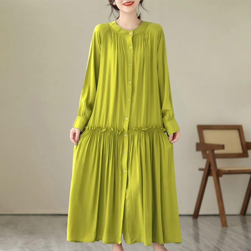 Buddha Stones – Lässiges, schlichtes Midikleid aus Polyester mit Rundhalsausschnitt und Taschen - GelbGrün - US4-6， UK/AU8-10，EU36-38 (F) - image 24