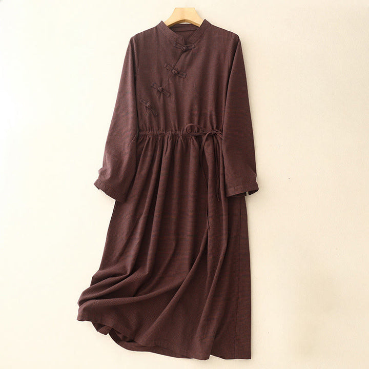 Buddha Stones – Lässiges, schlichtes Midikleid aus Baumwolle mit Froschknöpfen und Taschen - Dunkelrot - US8-10， UK/AU12-14，EU40-42 (2XL) - image 0