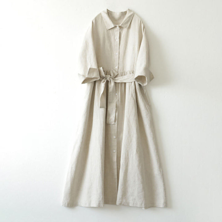 Buddha Stones – Lässiges, schlichtes Midikleid aus Leinen mit Schnürung und Stehkragen und Taschen - Beige - US8-10， UK/AU12-14，EU40-42 (2XL) - image 9