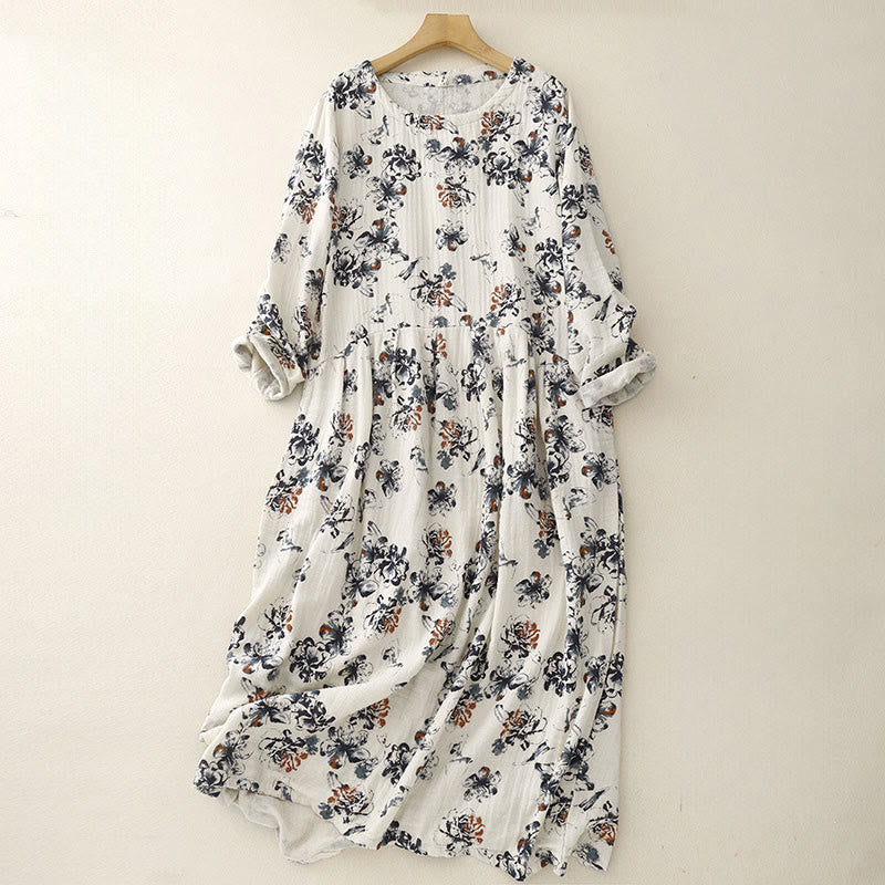 Buddha Stones – Lässiges Midikleid aus Baumwolle und Leinen mit kleinem Blumenmuster und Rundhalsausschnitt und Taschen - BlumenWeiß - US8-10， UK/AU12-14，EU40-42 (2XL) - image 1