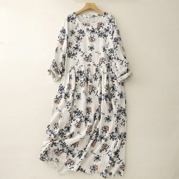 Buddha Stones – Lässiges Midikleid aus Baumwolle und Leinen mit kleinem Blumenmuster und Rundhalsausschnitt und Taschen - BlumenWeiß - US8-10， UK/AU12-14，EU40-42 (2XL) - image 1