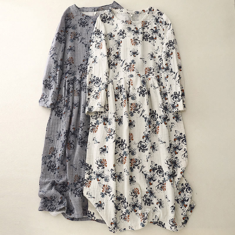 Buddha Stones – Lässiges Midikleid aus Baumwolle und Leinen mit kleinem Blumenmuster und Rundhalsausschnitt und Taschen - image 21