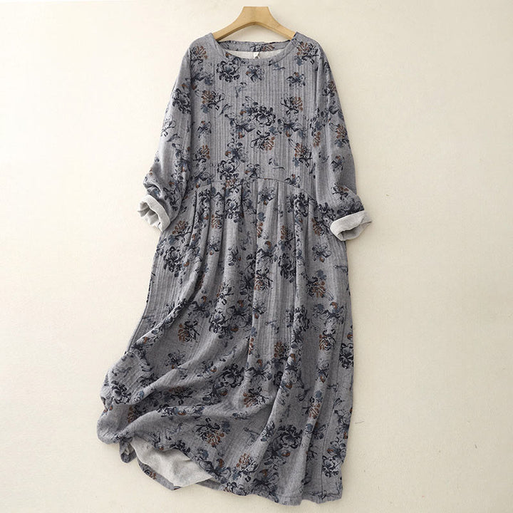 Buddha Stones – Lässiges Midikleid aus Baumwolle und Leinen mit kleinem Blumenmuster und Rundhalsausschnitt und Taschen - Grau - US8-10， UK/AU12-14，EU40-42 (2XL) - image 12