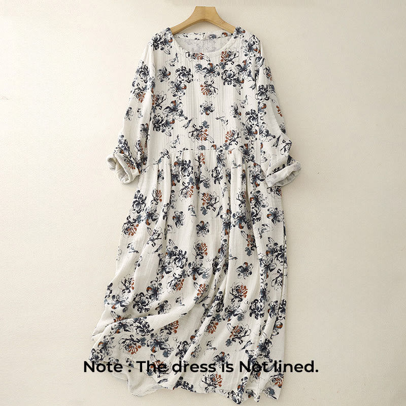 Buddha Stones – Lässiges Midikleid aus Baumwolle und Leinen mit kleinem Blumenmuster und Rundhalsausschnitt und Taschen - image 2