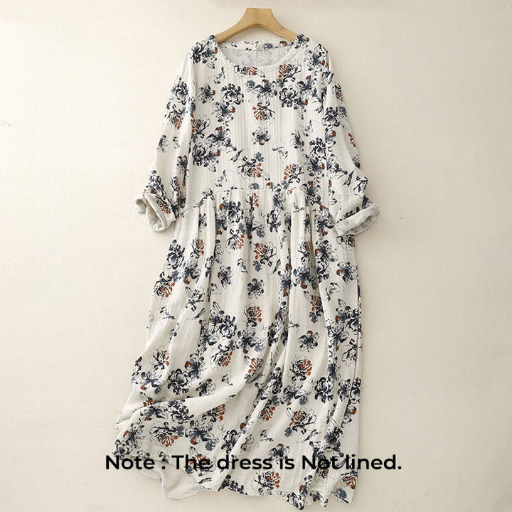 Buddha Stones – Lässiges Midikleid aus Baumwolle und Leinen mit kleinem Blumenmuster und Rundhalsausschnitt und Taschen - image 2