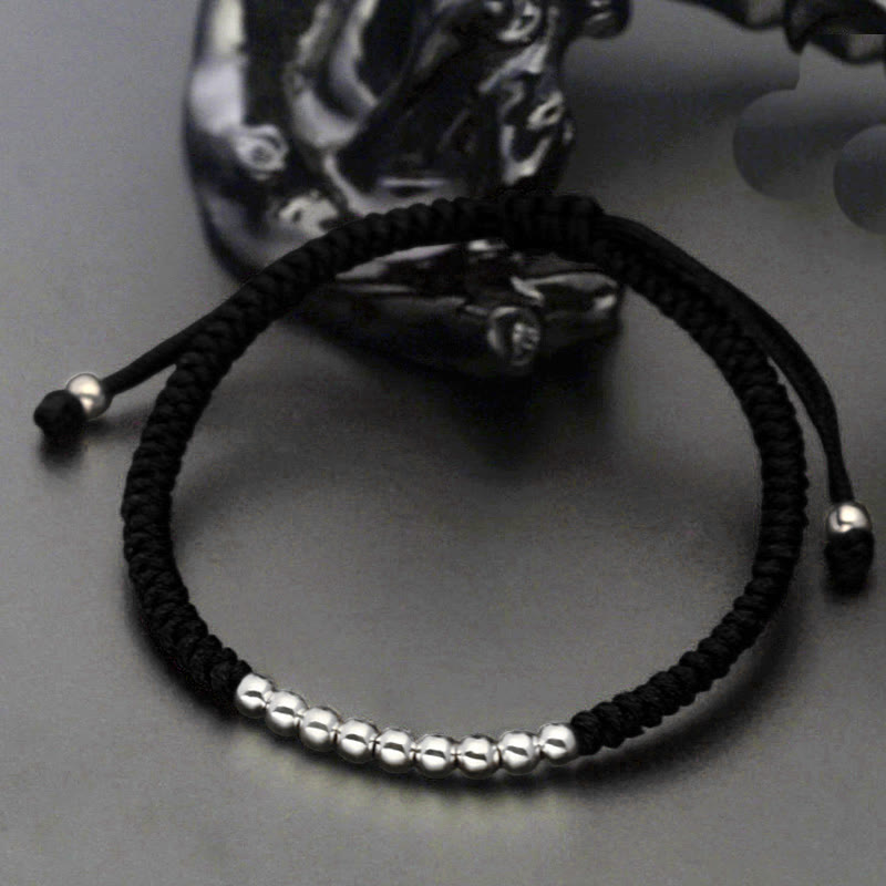 Buddha Stones Retro 925 Sterling Silber Einfache Perlen Knoten Design Glück String Armband - 925 Sterling Silber (Handgelenkumfang: 15–22 cm) - Schwarz - image 2
