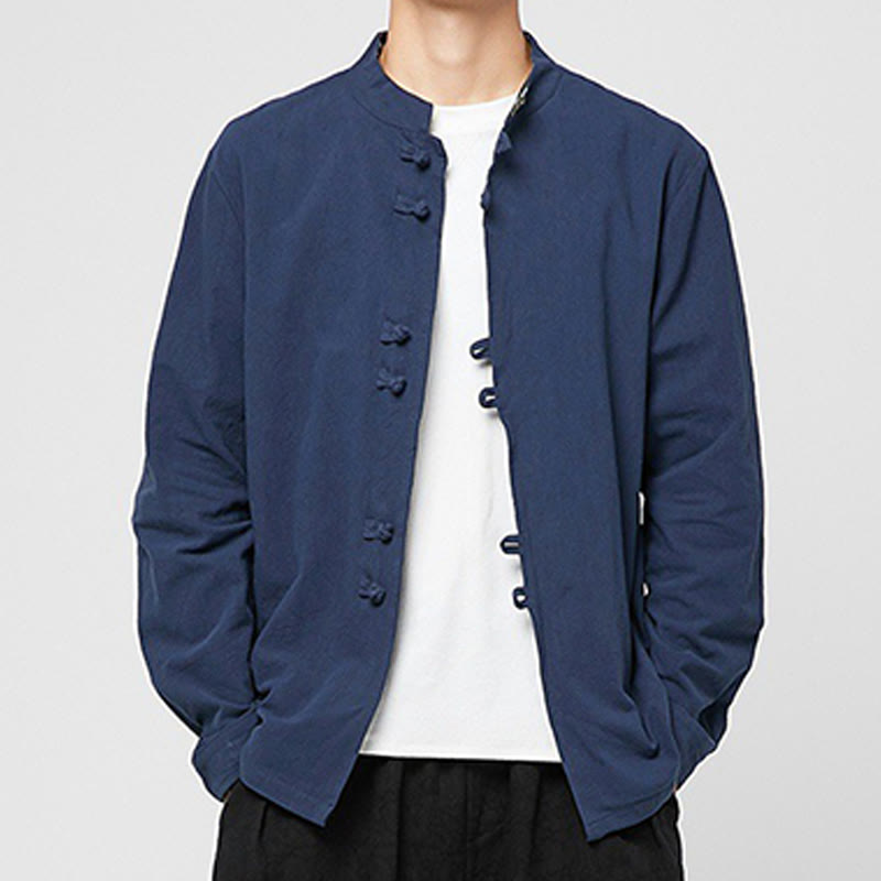 Buddha Stones Herren-Langarmhemd aus Baumwolle mit Froschknopf- und Drachenmuster an den Ärmelbündchen - Marine - US/ UK/AU46, EU56 (5XL) - image 0