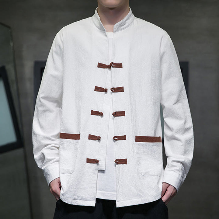 Buddha Stones Herren-Langarmhemd aus Baumwolle und Leinen mit Stehkragen und Froschknöpfen und Taschen - Weiß - US/ UK/AU46，EU56 (5XL) - image 1