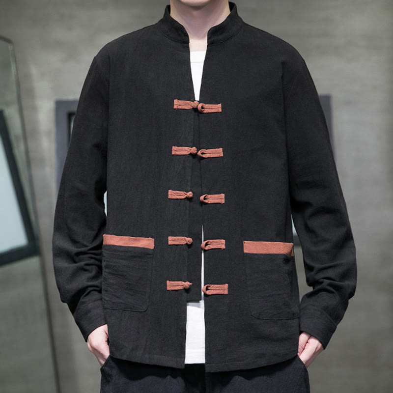 Buddha Stones Herren-Langarmhemd aus Baumwolle und Leinen mit Stehkragen und Froschknöpfen und Taschen - Schwarz - US/ UK/AU46，EU56 (5XL) - image 10