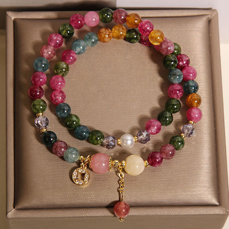 Buddha Stones Turmalin Lila Jade Aquamarin Jade Kupfer Münze Positive Doppel Wickelarmband - image 2